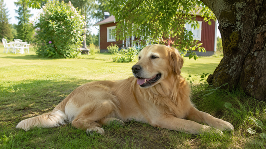 olden retriever vilar i skuggan under träd en sommardag