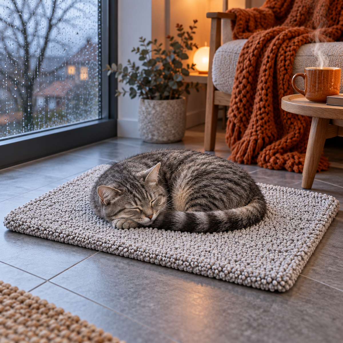 Grå självvärmande matta WarmNest med sovande katt på kallt stengolv